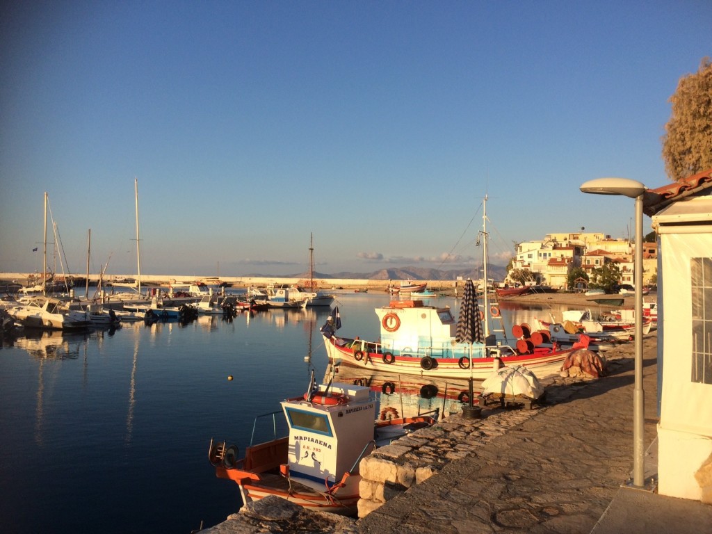 Admiring the calm sea at Ormos Harbour